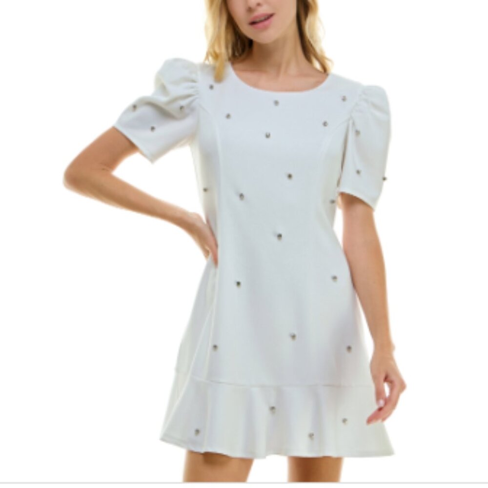 Crystal Doll Juniors' Puff-Sleeve Rhinestone-Trim Dress - White - Picture 2 of 4